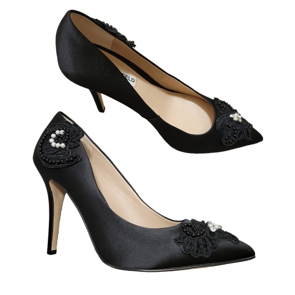 Karl Lagerfeld Shoes - Karl Lagerfeld Black Satin Pearl Applique Pumps